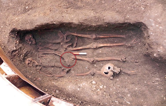 Double burial containing two adults and redposited skull from the underlying phase (c) Crossrail.jpg